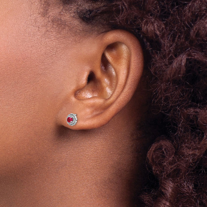 14K Solid White Gold Diamond Cabochon Red Ruby Stud Earrings Gemstone Post Push Back July Birthstone Jewelry