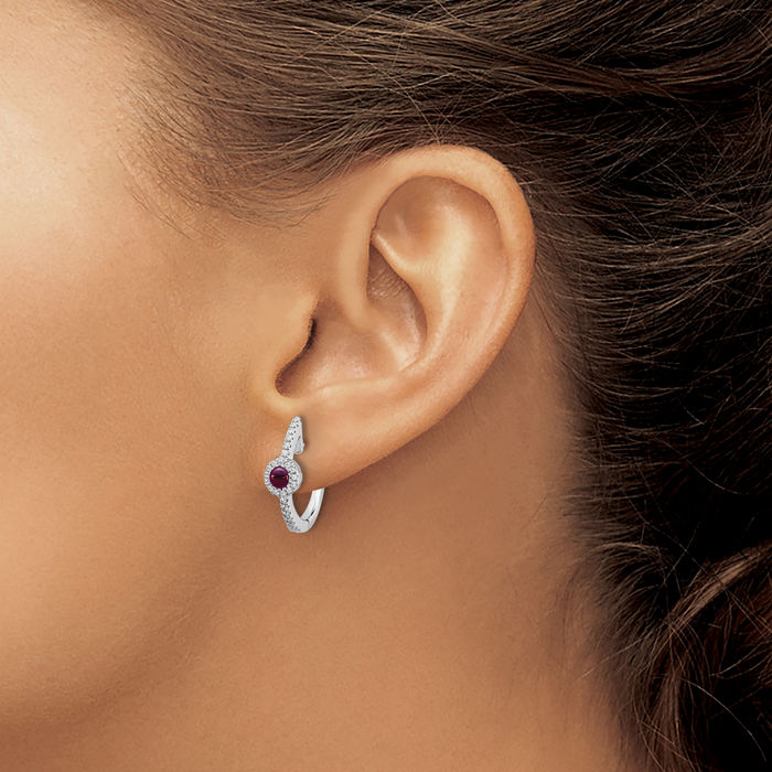14K Solid White Gold Diamond Cabochon Purple Rhodolite Garnet Small Hoop Earrings Gemstone Hoops January Birthstone Jewelry