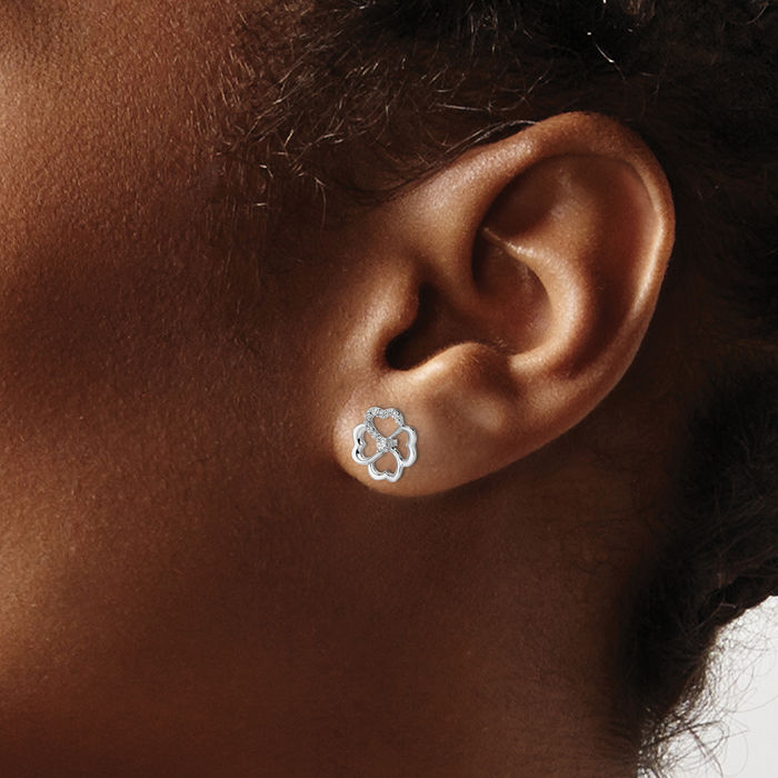 14K Solid White Gold Diamond Lucky Clover Shamrock Flower Leaf Stud Earrings