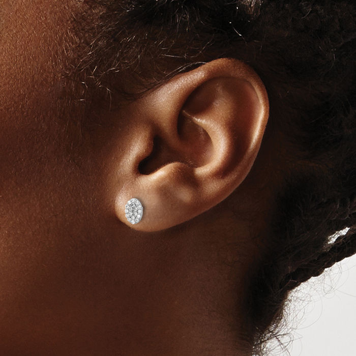 14K Solid White Gold Diamond Oval Stud Earrings