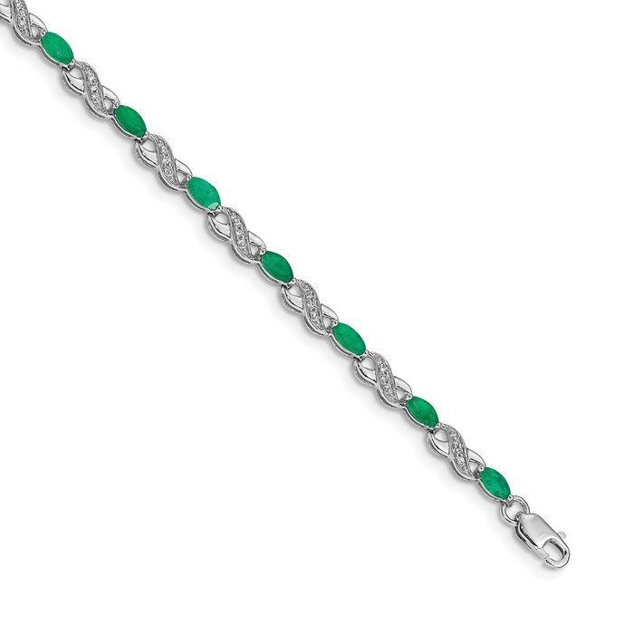 14K Solid White Gold Diamond Green Emerald Infinity Twisted Love Knot Symbol Chain Charm Bracelet