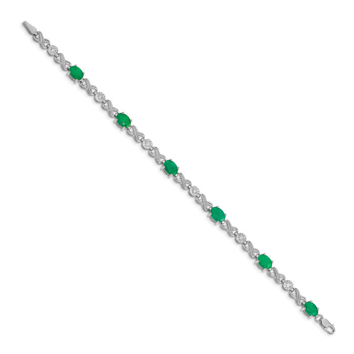 14K Solid White Gold Diamond Green Emerald Infinity Twisted Love Knot Symbol Chain Charm Bracelet