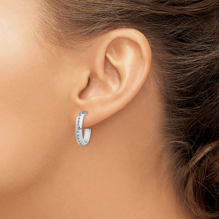 14K Solid White Gold Diamond Post J Hoop Earrings