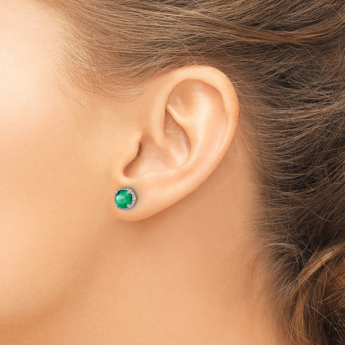 14K Solid White Gold Diamond Green Emerald Studs Gemstone Earrings