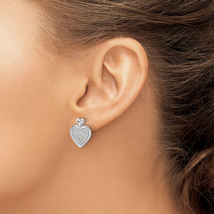 14K Solid White Gold Diamond Heart Drop Dangle Earrings