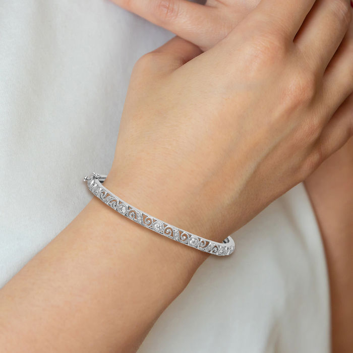 14K Solid White Gold Diamond Bangle Bracelet