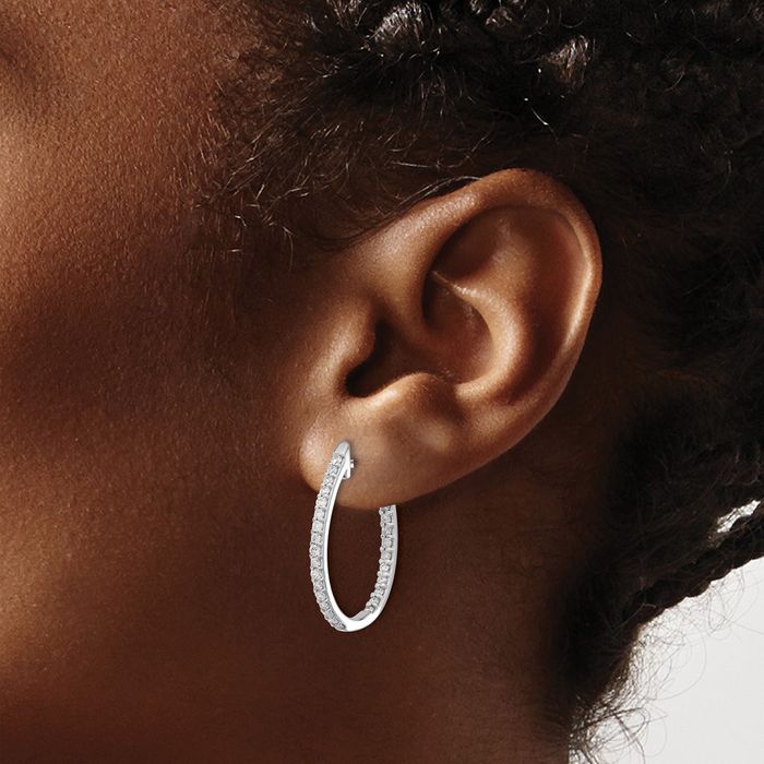 14K Solid White Gold Diamond Medium Hoop Earrings