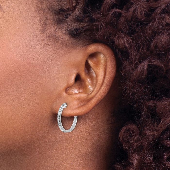 14K Solid White Gold Diamond Medium Hoop Earrings