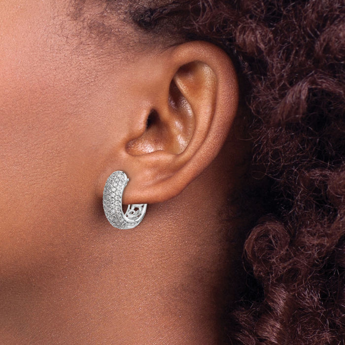 14K Solid White Gold Diamond Small Hoop Earrings