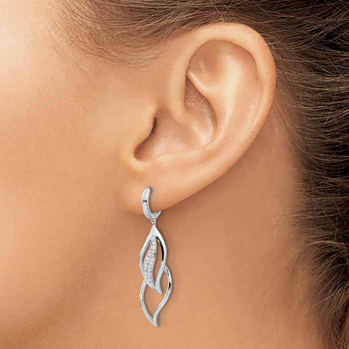 14K Solid White Gold Diamond Medium Huggie Hoop Leaf Drop Dangle Earrings