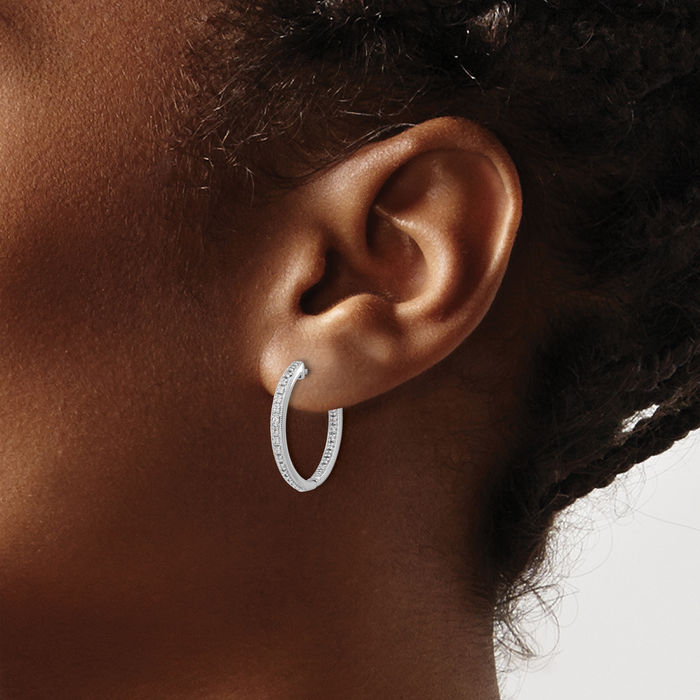 14K Solid White Gold Diamond Round Small Hoop Earrings