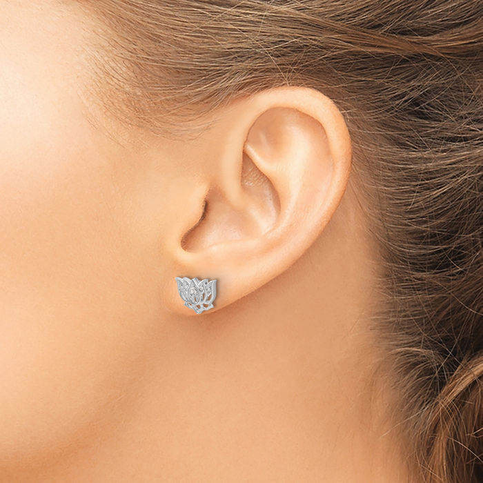 14K Solid White Gold Diamond Lotus Flower Stud Earrings