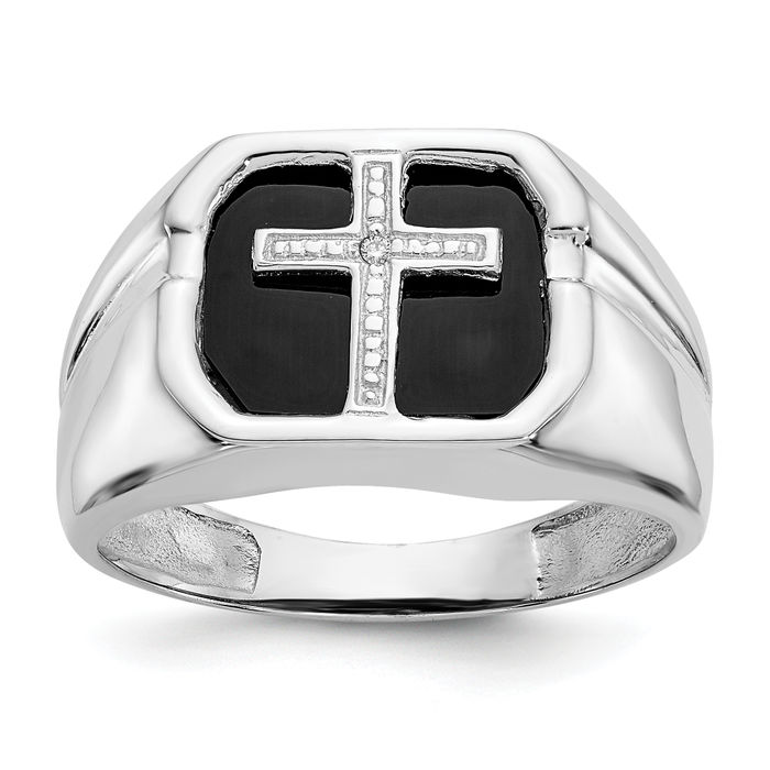 14K Solid White Gold Diamond Onyx Mens Ring