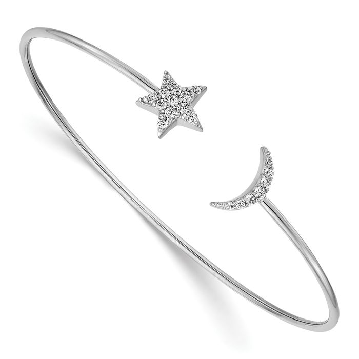 14K Solid White Gold Diamond Crescent Moon Star Flexible Cuff Charm Bracelet