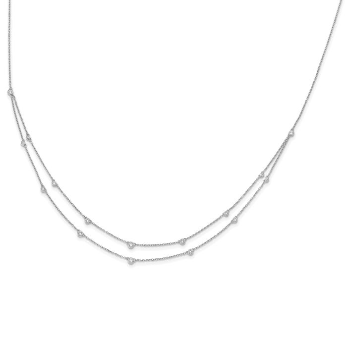 14K Solid White Gold Diamond Multi Station Double Strand Chain Necklace