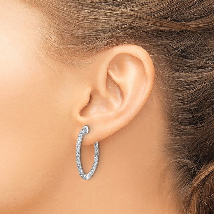 14K Solid White Gold Diamond Oval Medium Hoop Earrings