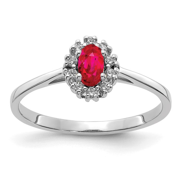 14K Solid White Gold Diamond Oval Ruby Halo Ring - Picture 7 of 60