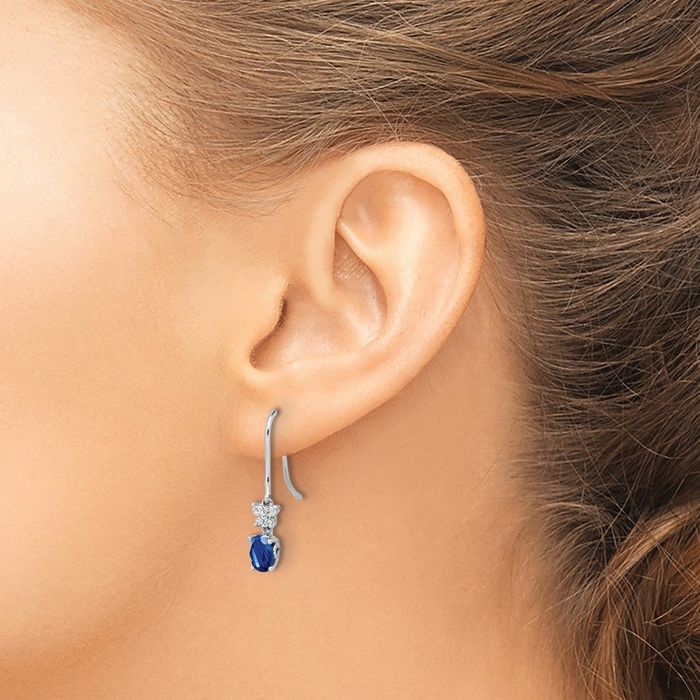 14K Solid White Gold Diamond Oval Blue Sapphire Drop Dangle Earrings September Birthstone Jewelry