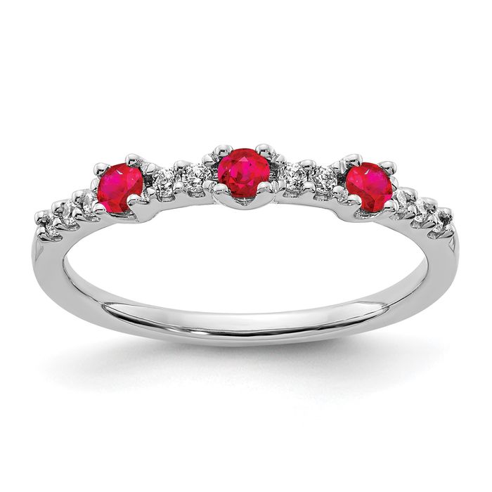 14K Solid White Gold Diamond Ruby 3 Stone Wedding Ring - Picture 7 of 60