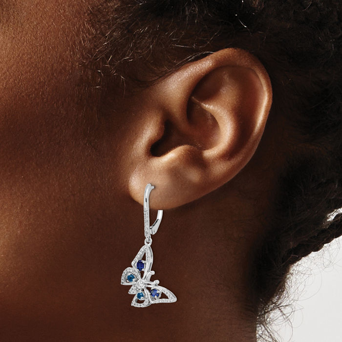 14K Solid White Gold Diamond Blue Sapphire Butterfly Wings Drop Dangle Earrings September Birthstone Jewelry