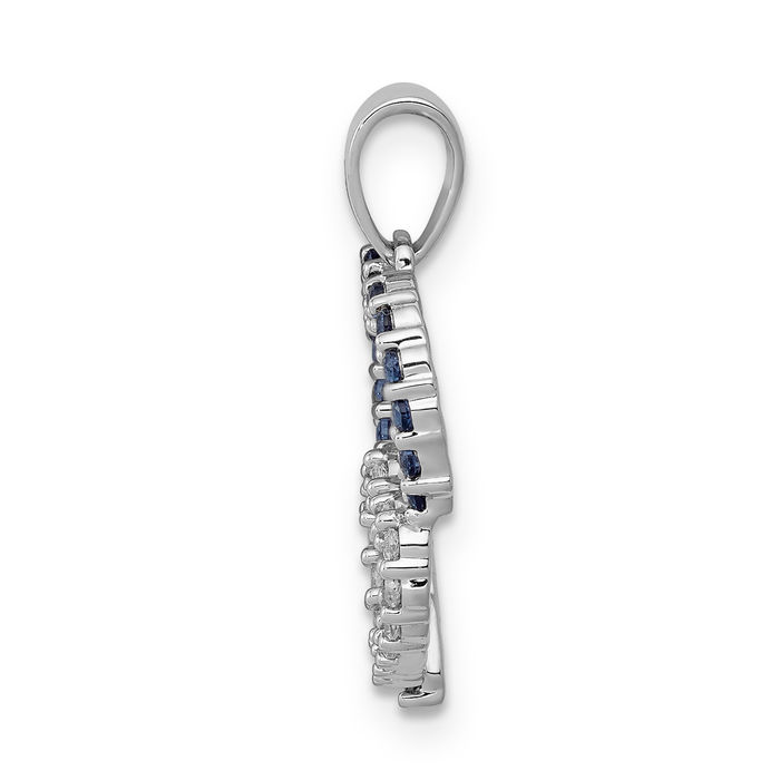 14K Solid White Gold Diamond Blue Sapphire Double Heart Necklace Gemstone Pendant Charm