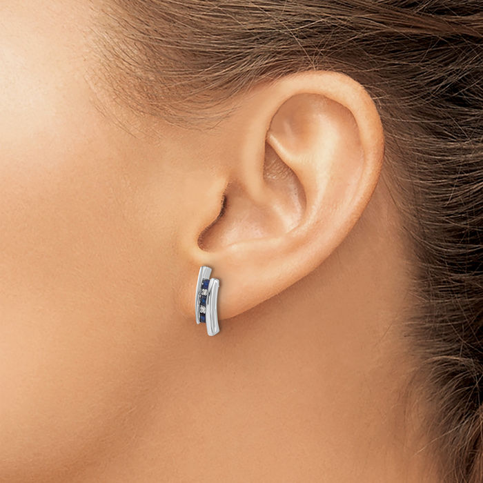 14K Solid White Gold Diamond Blue Sapphire Line Bar Drop Dangle Earrings Gemstone Post Push Back September Birthstone Jewelry