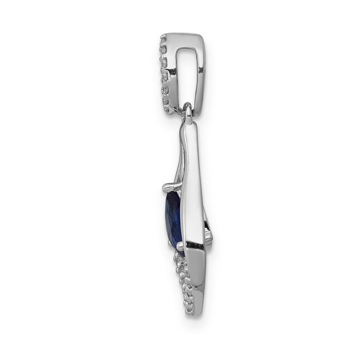 14K Solid White Gold Diamond Blue Sapphire Teardrop Dangling Necklace Gemstone Pendant Charm