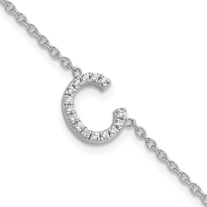 14K Solid White Gold Diamond Sideways Letter C Tennis Bracelet
