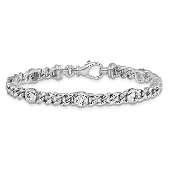 18K Solid White Gold Diamond Station Curb Link Chain Bracelet