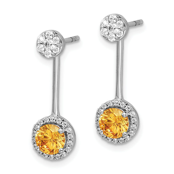 14K Solid White Gold Diamond Yellow Orange Citrine Stud Earrings November Birthstone Jewelry