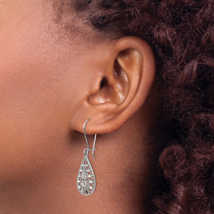 14K Solid White Gold Drop Dangle Earrings