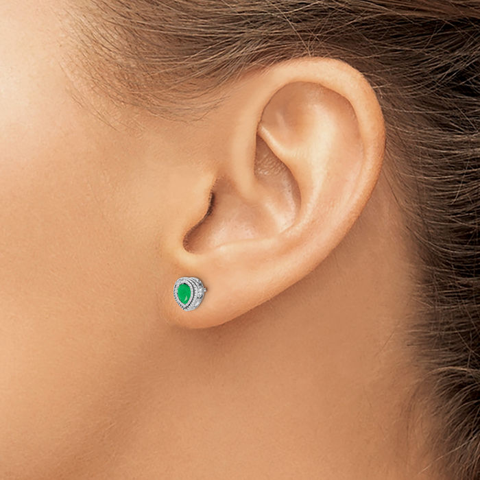 14K Solid White Gold Green Emerald Diamond Studs Pear Teardrop Gemstone Earrings May Birthstone Jewelry