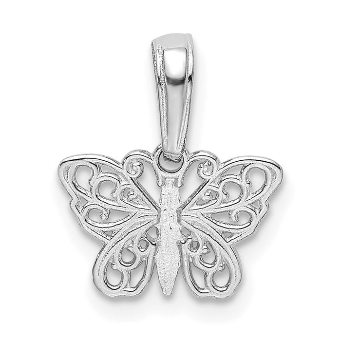 14K Solid White Gold Antique Filigree Butterfly Wings Necklace Chain Pendant Charm