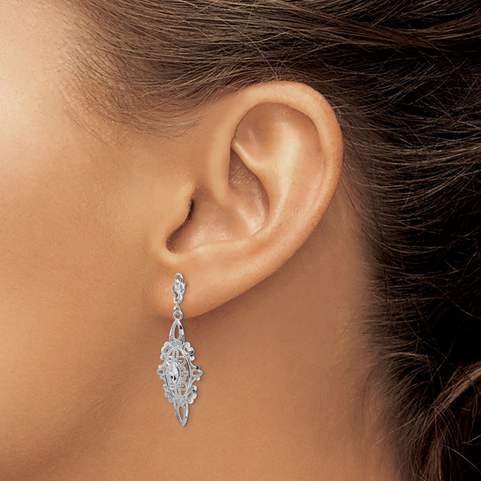 14K Solid White Gold Antique Filigree Drop Dangle Earrings