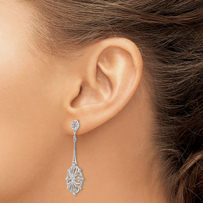 14K Solid White Gold Antique Filigree Drop Dangle Earrings