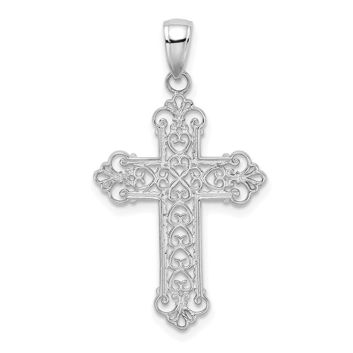 14K Solid White Gold French Fleur De Lis Lily Flower Holy Cross Necklace Religious Chain Pendant Jesus Christ Charm