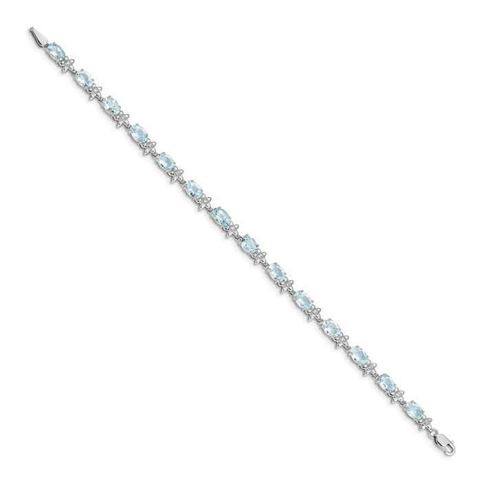 14K Solid White Gold Flower Diamond Blue Aquamarine Chain Tennis Charm Bracelet