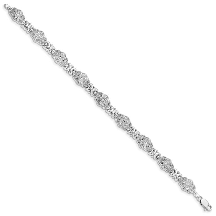 14K Solid White Gold Flower Link Chain Bracelet