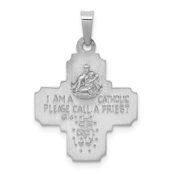 14K Solid White Gold Four Way Holy Cross Religious Medal Necklace Christian Pendant Scapular Charm