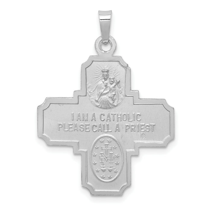 14K Solid White Gold Four Way Holy Cross Religious Medal Necklace Christian Pendant Scapular Charm