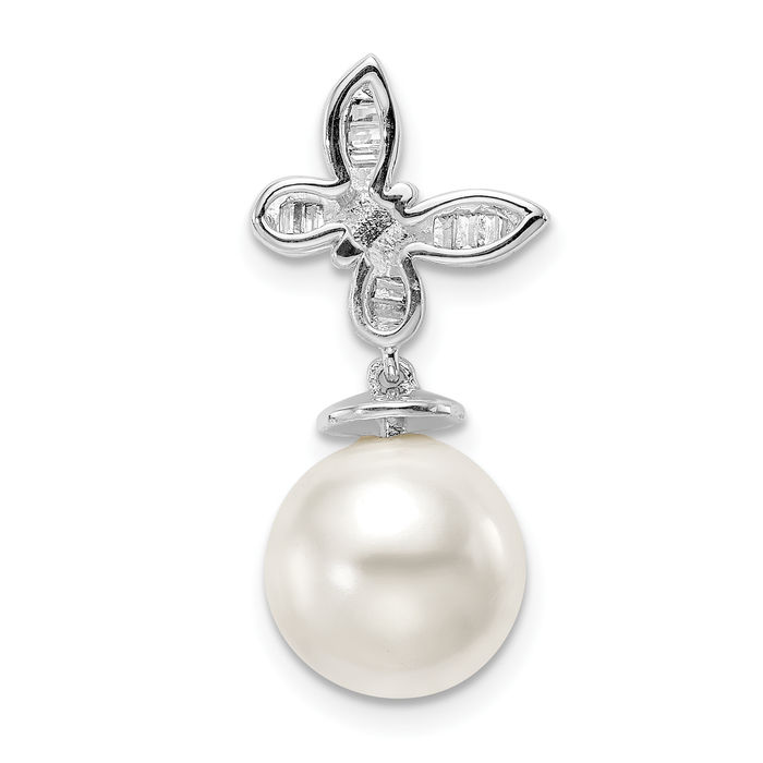 14K Solid White Gold Freshwater Cultured Pearl Diamond Butterfly Wings Floating Chain Slide Pendant Necklace Charm