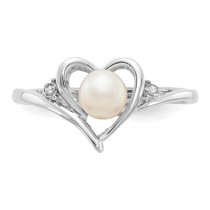 14K Solid White Gold Freshwater Cultured Pearl Diamond Heart Ring Love Band June Birthstone Jewelry