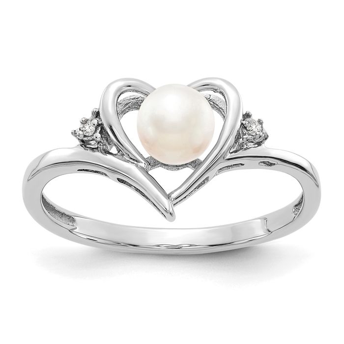 14K Solid White Gold Freshwater Cultured Pearl Diamond Heart Ring - Picture 9 of 44