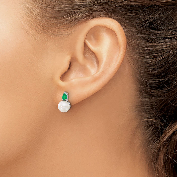 14K Solid White Gold Freshwater Cultured Pearl Green Emerald Studs Pear Teardrop Gemstone Earrings May Birthstone Jewelry