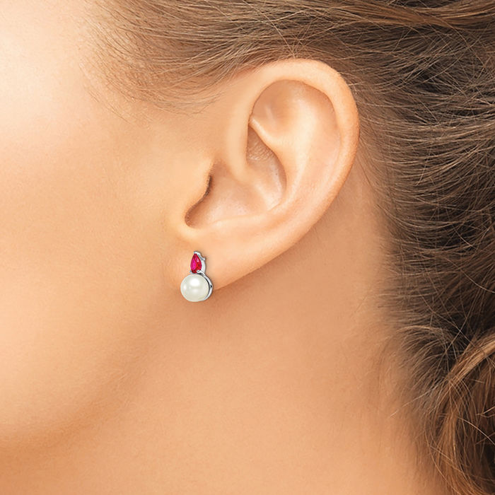 14K Solid White Gold Freshwater Cultured Pearl Ruby Studs Pear Teardrop Gemstone Earrings July Birthstone Jewelry