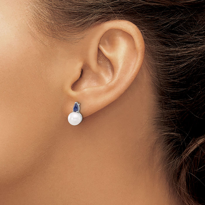 14K Solid White Gold Freshwater Cultured Pearl Blue Sapphire Studs Pear Teardrop Gemstone Earrings September Birthstone Jewelry