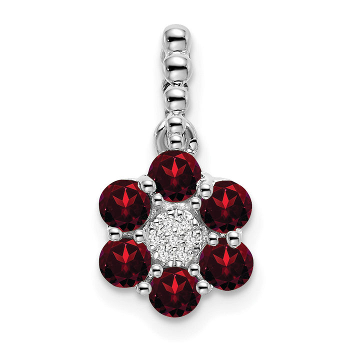 14K Solid White Gold Garnet Diamond Flower Necklace - Picture 10 of 12