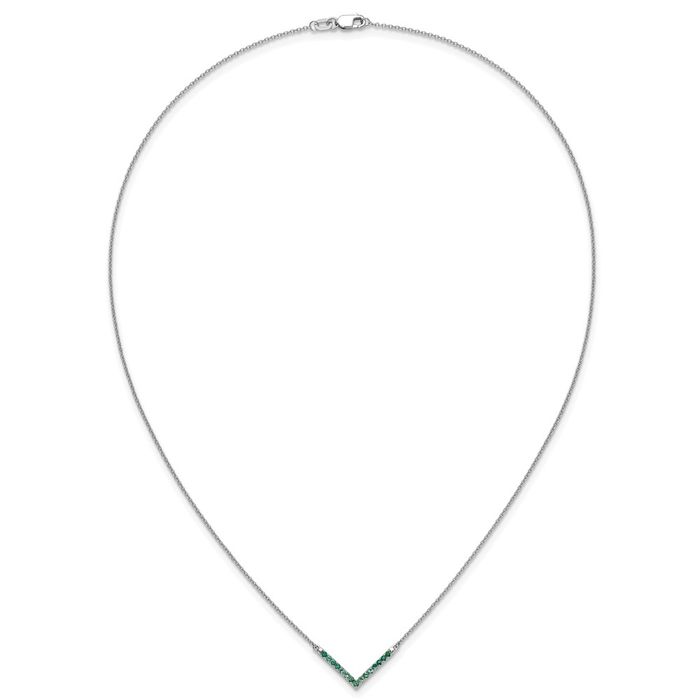 14K Solid White Gold Green Emerald V Chain Bar Necklace