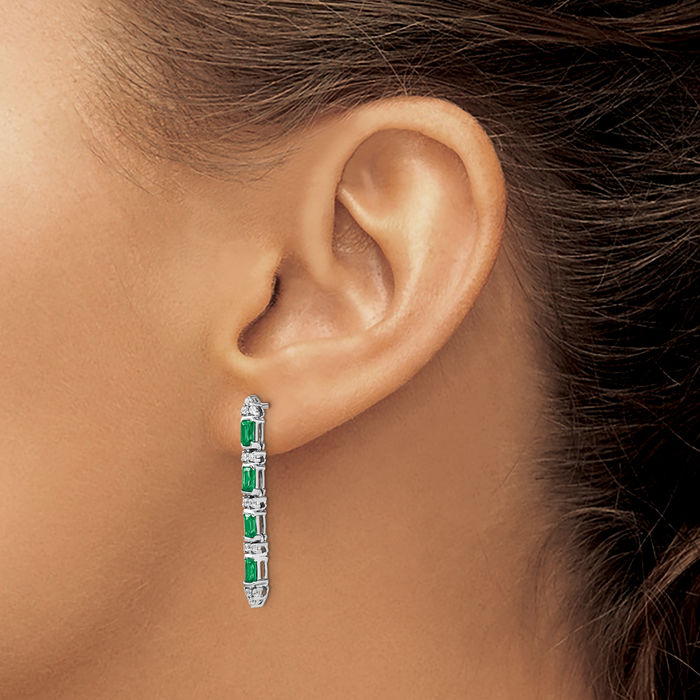 14K Solid White Gold Green Emerald Diamond 4 Stone Line Bar Drop Dangle Earrings Gemstone Post Push Back May Birthstone Jewelry