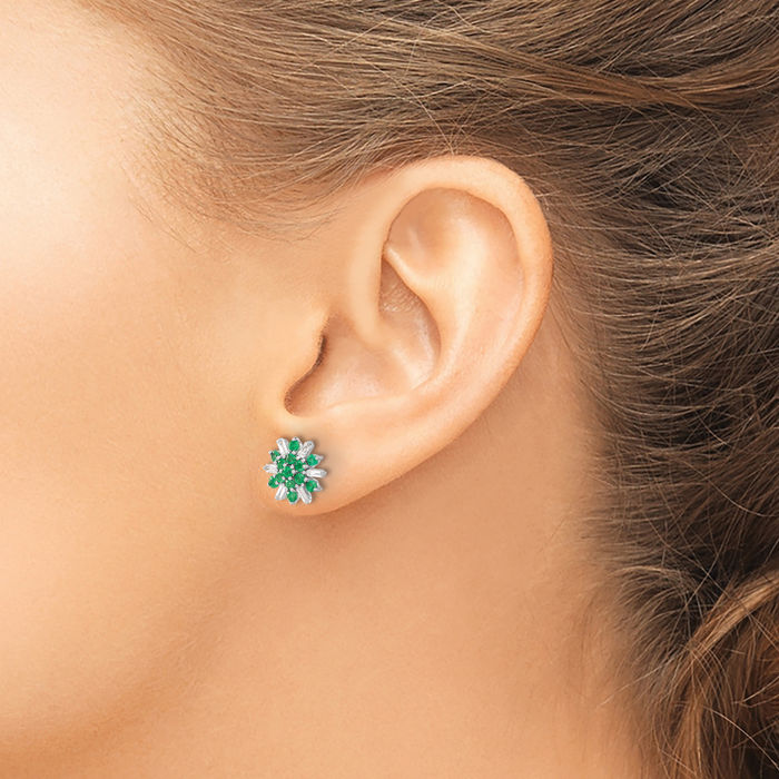 14K Solid White Gold Green Emerald Diamond Stud Earrings May Birthstone Jewelry